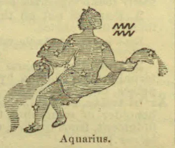 A seated water-bearer pours water from a vessel, with the Aquarius symbol beside the figure.