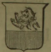 A heraldic shield shows a winged, curled-tail creature above a vertically hatched lower half.