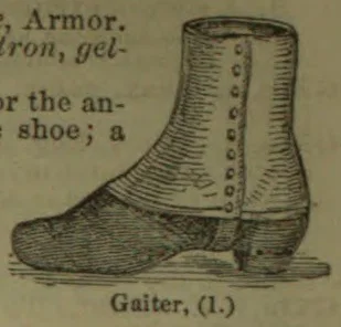An engraved illustration of a buttoned ankle-high gaiter over a shoe.