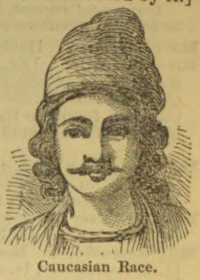A line engraving of a person wearing a tall wrapped cap and layered clothing.