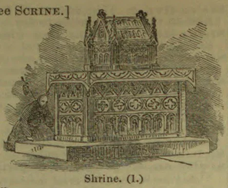 An engraved illustration of an ornate Gothic shrine or reliquary mounted on a rectangular base.