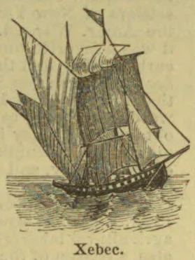 An illustration of a sailing xebec on the water.