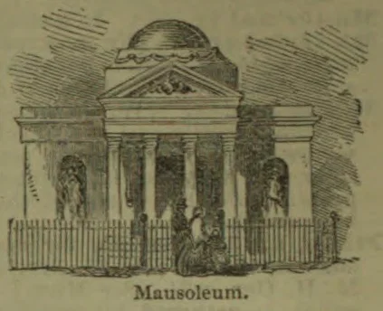 An engraving of a classical mausoleum behind a fence, with a domed roof, columns, and a seated figure in front.