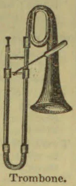 An illustration of a trombone with its slide extended.