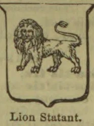 A heraldic lion stands upright on all four legs within a shield.