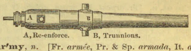 A long cylindrical gun barrel is shown with a reinforced section and trunnions.