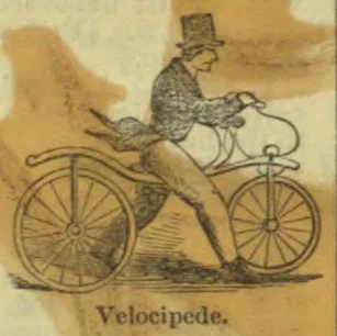 A man wearing a top hat rides an early two-wheeled velocipede.