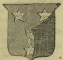 A shield-shaped emblem divided into two fields, with three stars and a diagonal band.