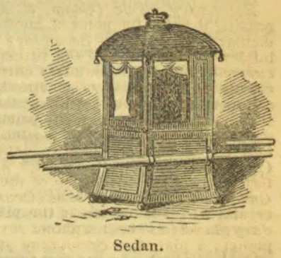 An engraving of an enclosed sedan chair carried on two long poles.