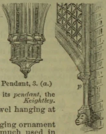 An ornate architectural pendant with carved Gothic tracery and a projecting support.