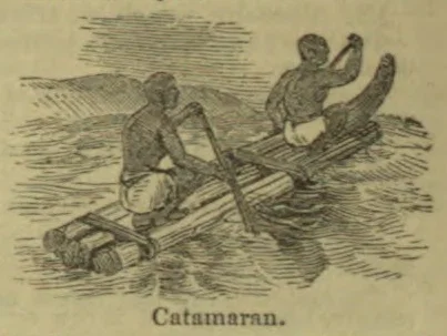 Two people paddle a raft-like catamaran across the water.