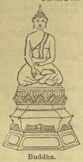 A seated Buddha is shown cross-legged on an ornate pedestal.
