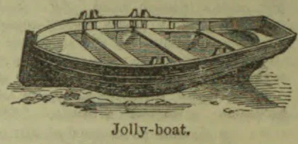 An engraved illustration of a small open boat with several thwarts floating on the water.