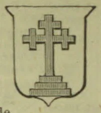 A large cross stands on a tiered pedestal inside a shield-shaped outline.