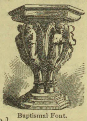 An ornate baptismal font with a wide basin supported by sculpted figures on a tiered pedestal.