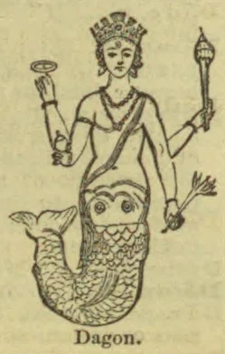 A crowned, human-headed figure with a fish-like body holds several objects in its hands.