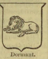 A lion lies curled up asleep inside a shield-shaped outline.