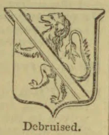 A heraldic shield displays a rampant lion crossed by a broad diagonal band.
