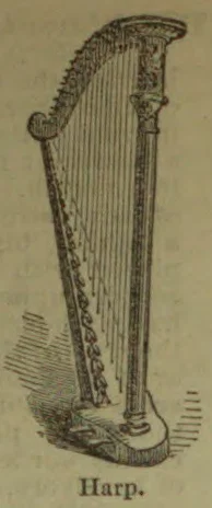 A line drawing of a standing harp with a curved neck, strings, and a broad base.