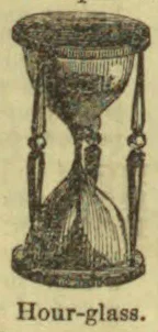 An hourglass with sand flowing between its two chambers, supported by a frame.