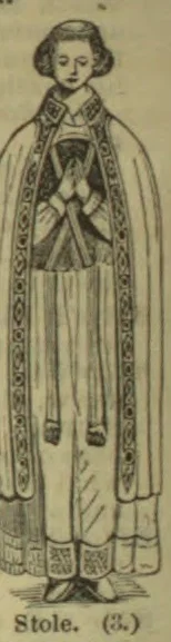 A robed figure wearing a long stole draped over the shoulders and hanging down the front.