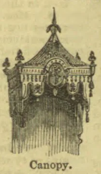 An ornate hanging canopy with a pointed finial, decorative fringe, and long drapery.