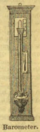 An antique wall-mounted barometer with a long graduated scale and a circular reservoir at the bottom.