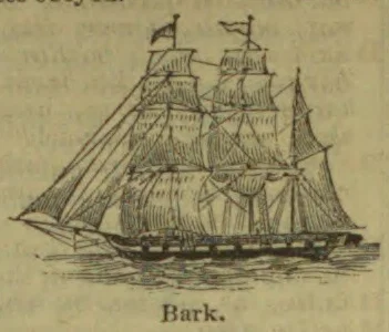 A three-masted sailing ship is shown underway on the water.