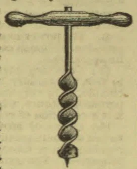 A T-handled corkscrew with a twisted metal shaft.