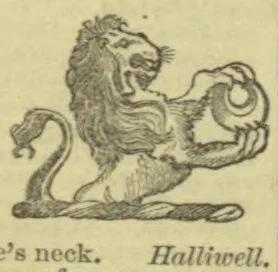 A heraldic lion stands upright, holding a ring in its forepaw.