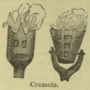 Two cressets are shown, one upright and one mounted in a forked support.