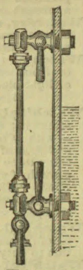 A vertical mechanical linkage with two hand-operated valves mounted beside a hatched support and a fluid-level indicator.