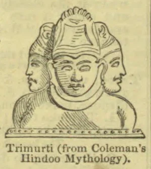 A three-faced Hindu deity is shown above a decorated pedestal.