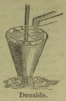 A perforated, funnel-shaped vessel stands in the ground with water flowing from it.