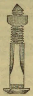 A vertical screw mechanism with a broad head, a threaded shaft, and a long forked lower section attached to a base.