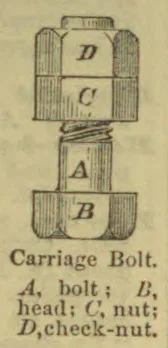 A carriage bolt is shown with its bolt, head, nut, and check-nut labeled.