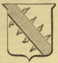 A shield bears a broad hatched diagonal band running from upper left to lower right, with small bird-like figures scattered around it.