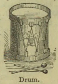 An upright cylindrical drum with drumsticks lying in front of it.