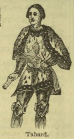 A person wearing a medieval tabard and armor, holding a scroll.