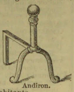 An antique andiron with a curved iron base, a vertical support topped by a knob, and a projecting side brace.