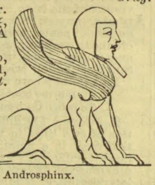 A winged, human-headed sphinx is shown in profile, with a lion’s body and legs.
