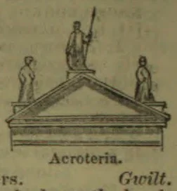 Three statues stand atop the apex and corners of a classical pediment.