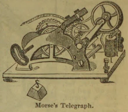 An engraving of a mechanical telegraph apparatus with gears, a wheel, and a hanging weight.