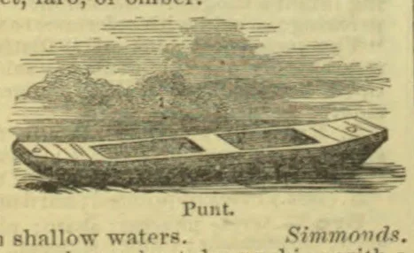 A long, flat-bottomed punt floats on the water.