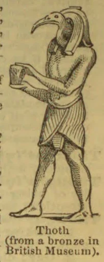 An ancient Egyptian figure of Thoth, depicted with the head of an ibis and holding a tablet.