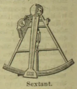 An engraving of a sextant with its frame, arc, telescope, and sighting components.