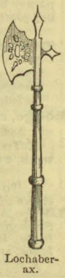 An ornate Lochaber axe with a long shaft and a broad decorated blade.
