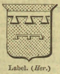 A heraldic label with three pendants is shown on a shield.