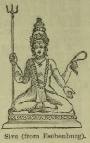 A seated, multi-armed figure of Siva holds a trident and other objects.