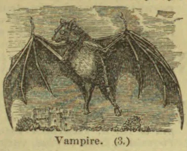 A large bat-winged vampire flies above a landscape.